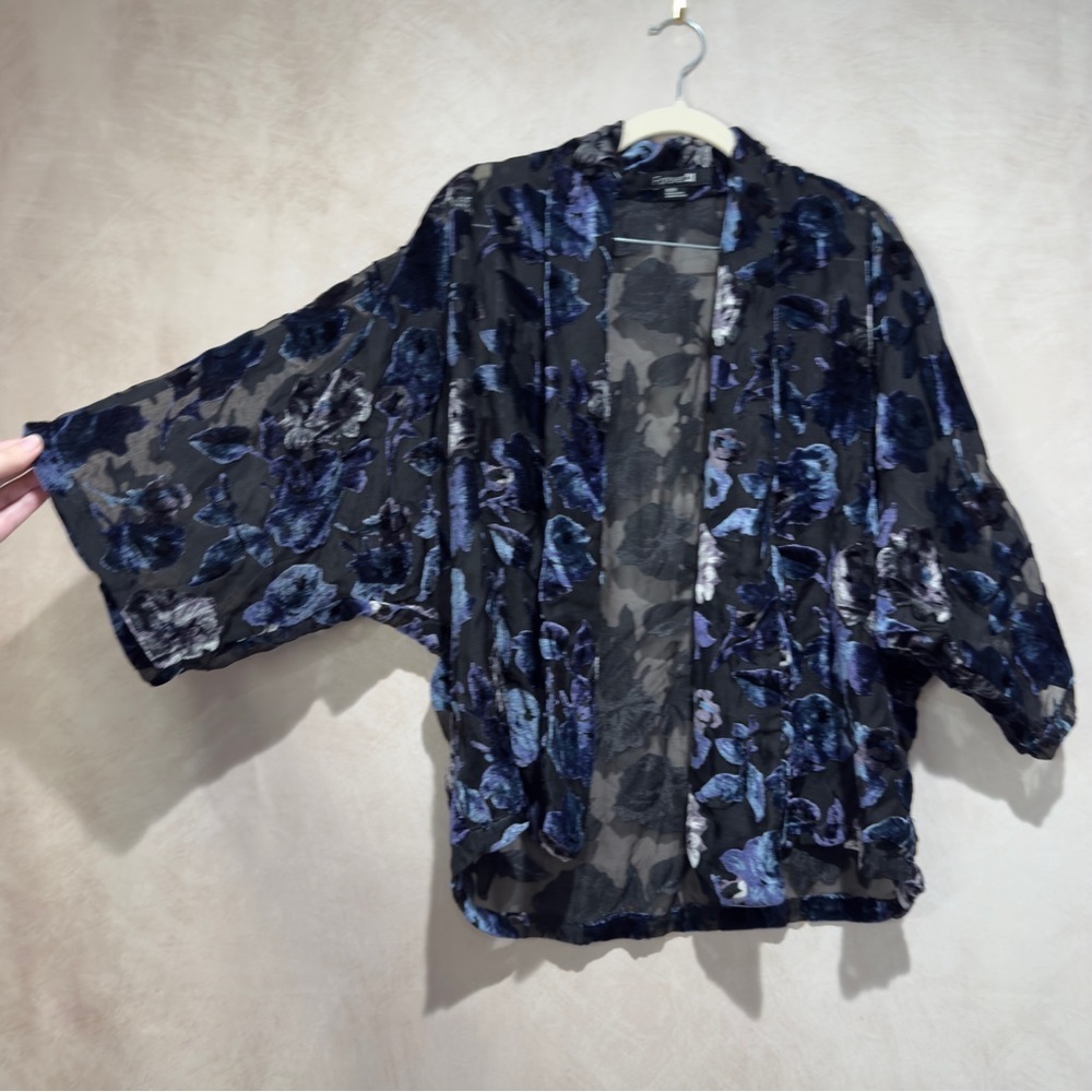 Forever 21 Burnout Velvet Floral Kimono – Black/Blue Sheer Boho Whimsigoth Shawl - Picture 3 of 9
